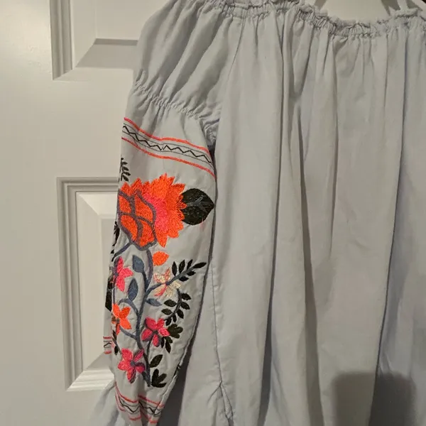 Free People Embroidered Off Shoulder Mini Dress Blue Orange Size S - Image 9