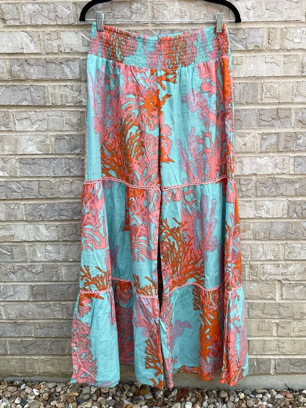 Debbie Katz Tala Pant Sea, Boho Wide-Leg Tiered Pants in Aqua & Coral - L - Image 4