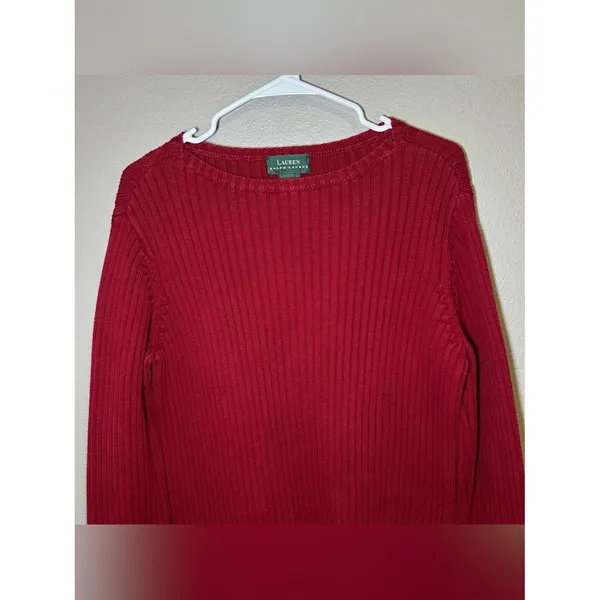 Ralph Lauren Vintage Red 100% Cotton Ribbed Knit Pullover Sweater Women Sz Large - Image 2