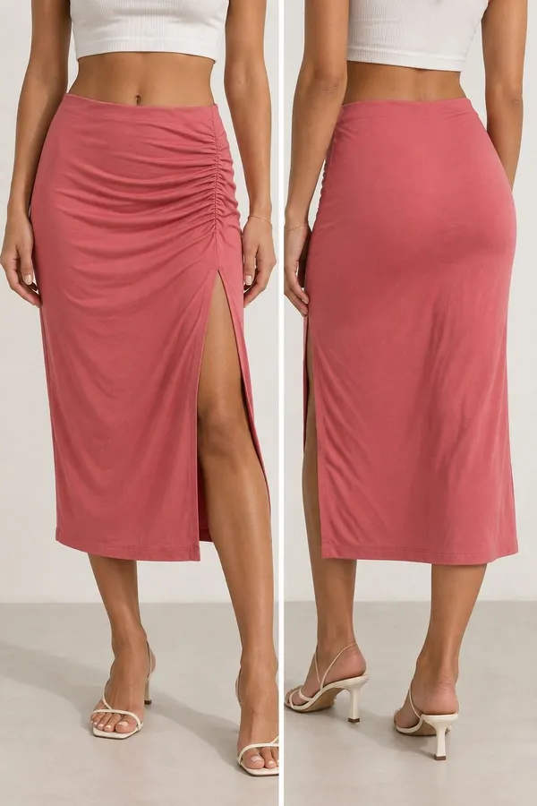 Wilfred Aritzia Pink Ruched Midi Skirt XS Side Slit Y2K Bodycon - Image 2