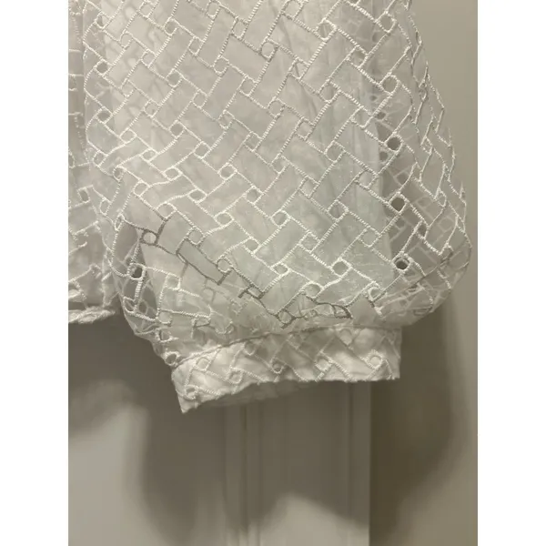 Zara White High Neck Blouse with Layer Embroidered Puff 3/4 Sleeves Size Medium - Image 5
