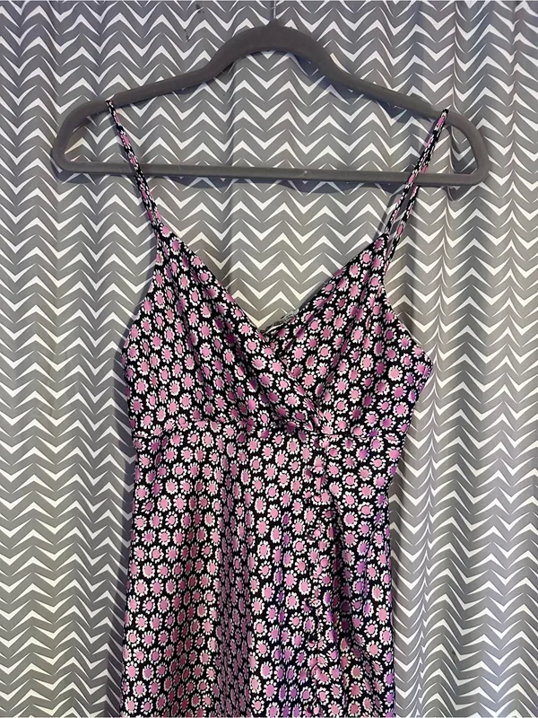 Zara | Pink and Black Daisy Print Satin Maxi Slip Dress, Small - Image 3