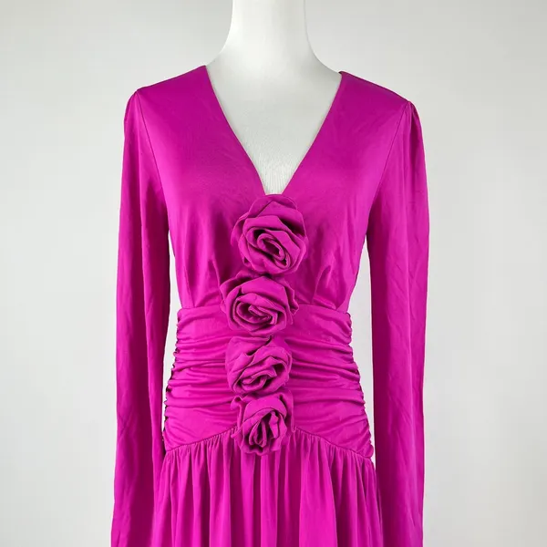 NWOT Farm Rio Pink 3d Roses Long Sleeve Draped Midi Dress Size S - Image 6