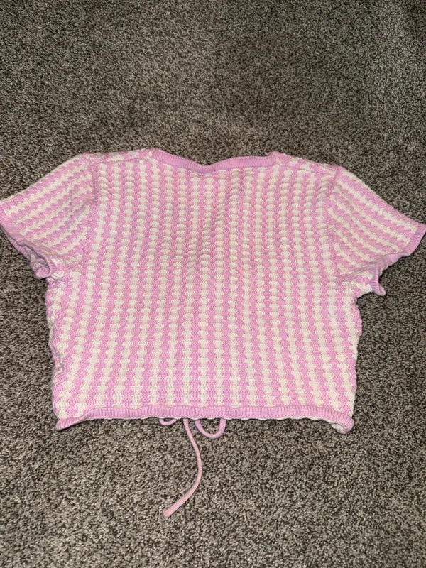 L.A. Hearts Pink and White Striped Short Sleeve Lace-Up Front Knit Crop Top - Image 3