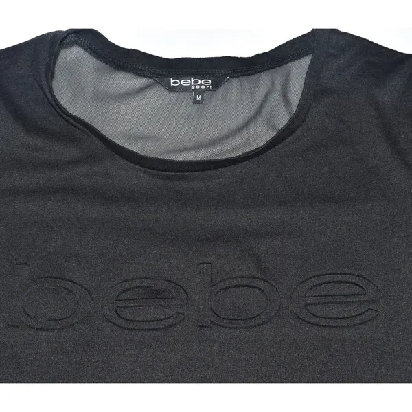 Bebe Sport Top Black with Black Logo Short Sleeve Shirt Sheer Mesh - Size M - Image 4