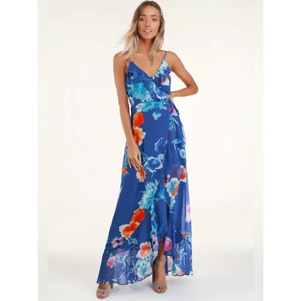 Lulus NWT Women Large Royal Blue Ladean Floral Print Ruffled Wrap Maxi Dress - Image 4