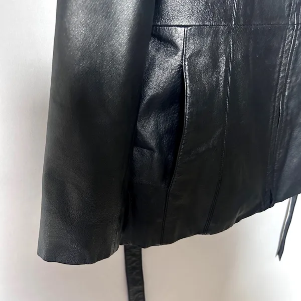 Vintage Outbrook Black Leather Jacket Womens Large Belted Zip Coat 90s - Image 14