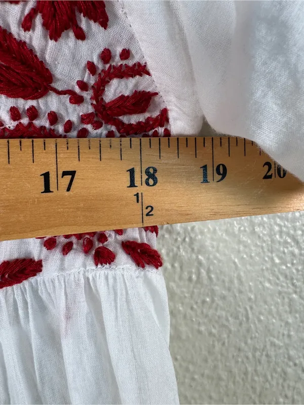 Raga White Red Embroidered Floral Babydoll Blouse Womens L Boho Cotton Top - Image 4