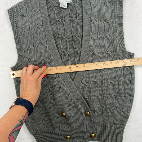 Leslie Fay Vintage 90s Academia S Sweater Vest Gray Cable Knit Double Breasted Preppy Retro - Image 7