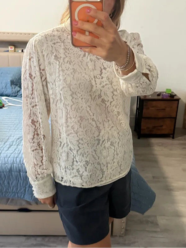 Ralph Lauren Ivory Floral Lace Mock Neck Blouse - Image 6