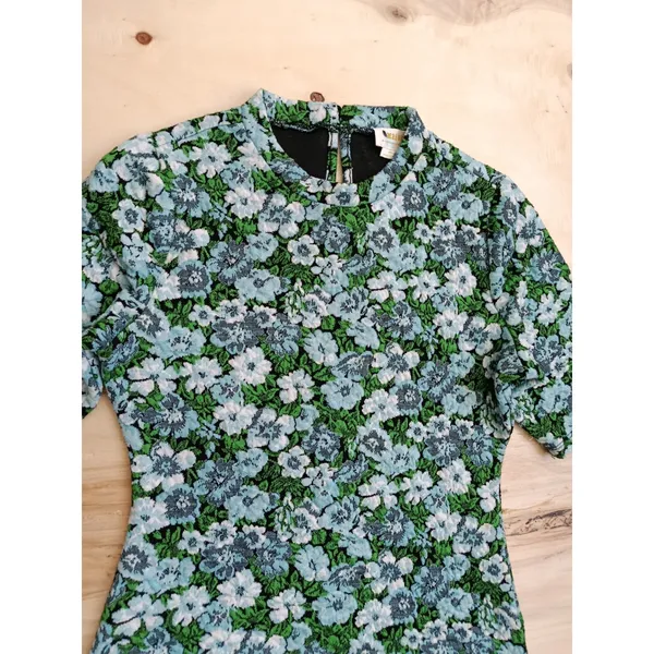 Maeve Anthropologie Floral High Neck Top Blue Green Jacquard Short Sleeve Small - Image 2