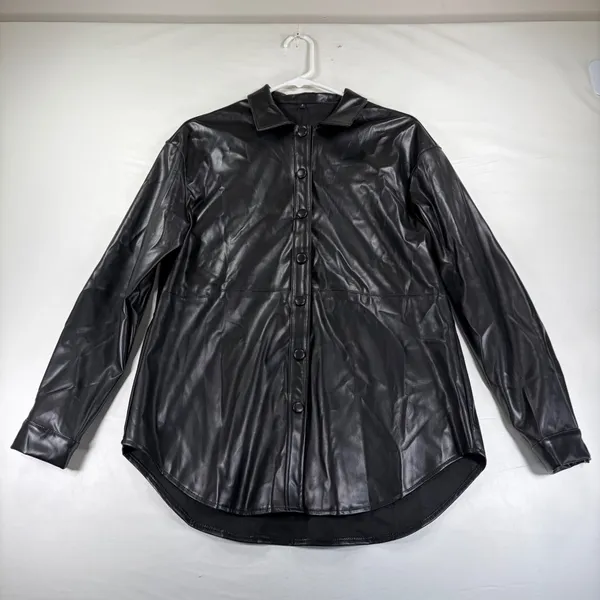Fashion Womens Black Faux Leather Button Down Shirt‎ Oversized Shacket NEW Small - Image 2
