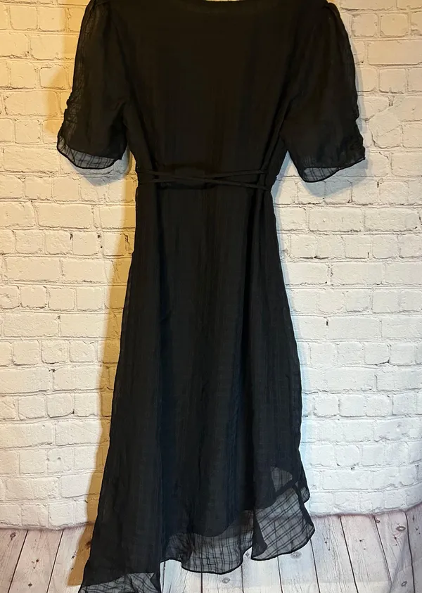 4S13NNA Womens Valerie Ruffle Hem Wrap Black Dress Short Puff Sleeves L - Image 4