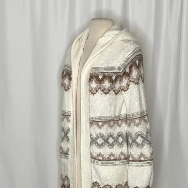 ABERCROMBIE & FITCH Fair Isle Hooded Long Cardigan Sweater Cream Fairisle XS - Image 6