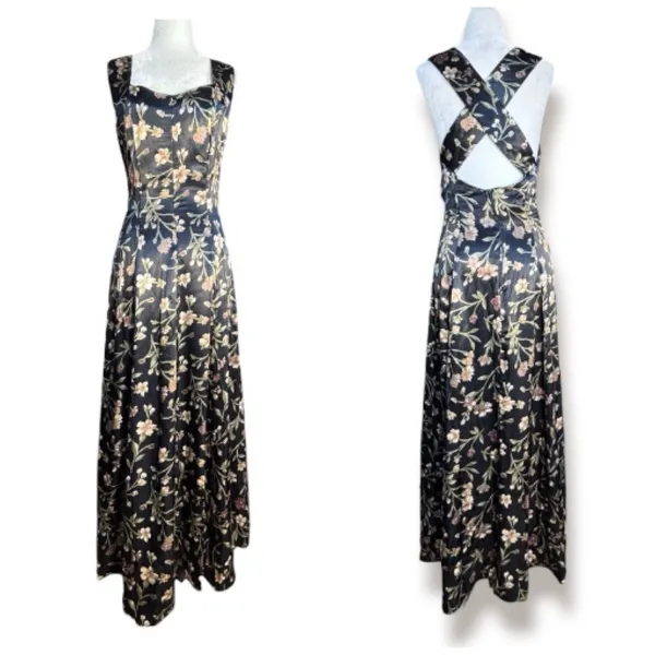 Vintage All That Jazz Dark Floral Criss Cross Open Back Midi Dress Romantic Boho - Image 2