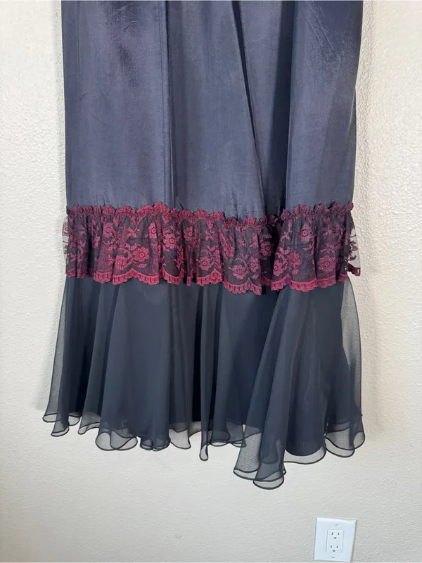 Vintage 90s Black Burgundy Lace Tiered Maxi Dress Womens S Whimsigoth Witchy - Image 7