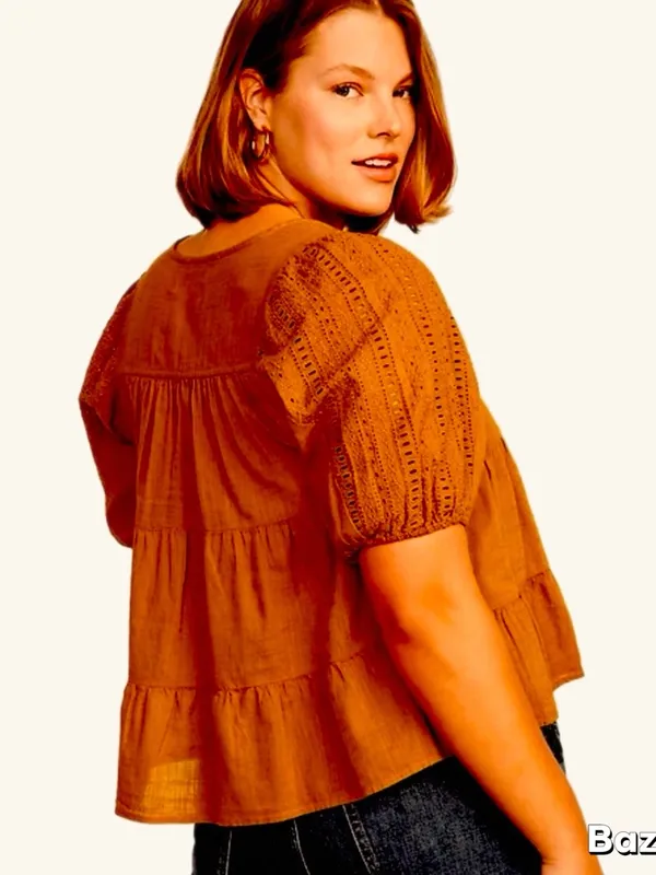 NWT Rust Colored V Neck Puff Sleeve Tiered Boho Peasant Blouse Brown Size M - Image 3