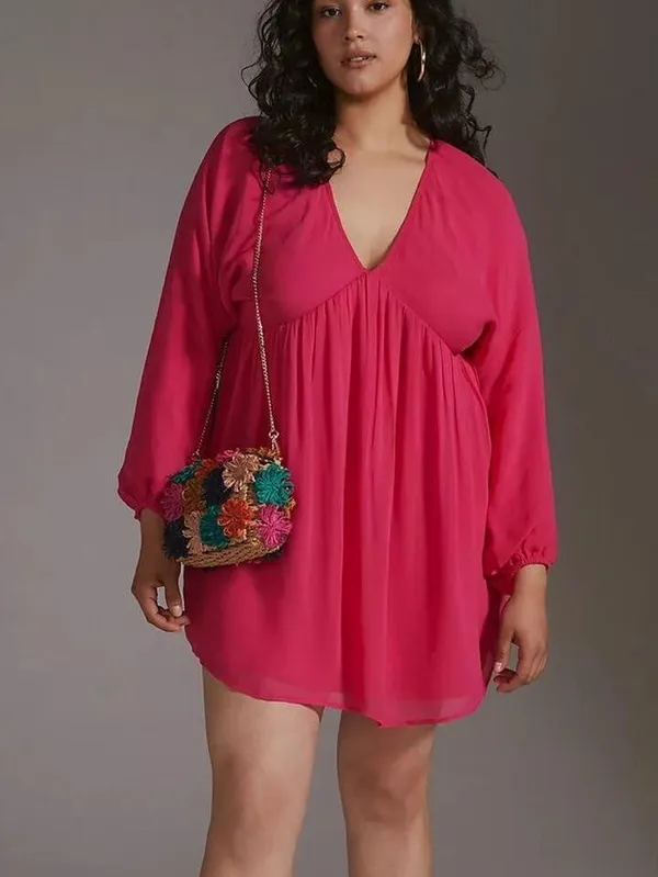 NEW Anthropologie Flowy Hot Pink Mini Dress Summer Cut Out Babydoll Empire - Image 3