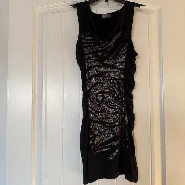 Y2K Inspired Black Ruched Bodycon Mini Dress – Sheer Mesh Metallic Rose Detail (Size S) - Image 4