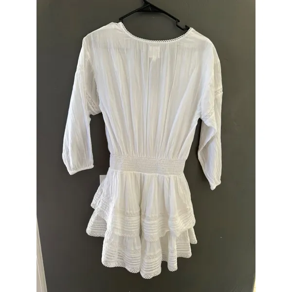 Aerie‎ White Cotton Gauze Lace Ruffle Romper Smocked Waist V-Neck Long Sleeve XS - Image 4
