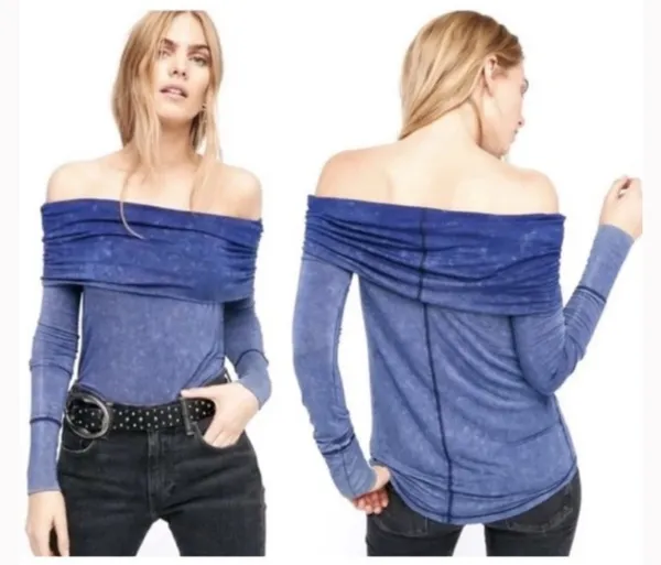 We The Free Purple Cosmo Cowl Neck Blue Sapphire Long Sleeve Off Shoulder Tunic - Image 2