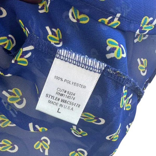 DLEIONE Sheer Bow Print Blouse‎ Blue Tie Neck Long Sleeve L Made in USA - Image 4