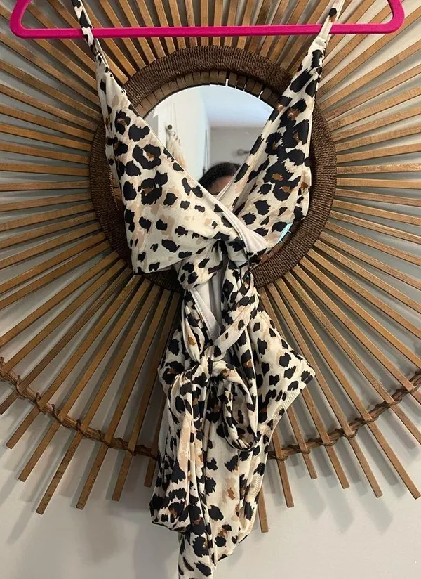 Women’s Aerie Leopard Print Wrap Swimsuit Size M Adjustable Full Coverage Cream - Image 6