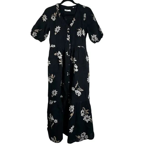 Soma XS Gaux Long maxi dress floral black button down Puff Sleeve 100% Cotton - Image 3