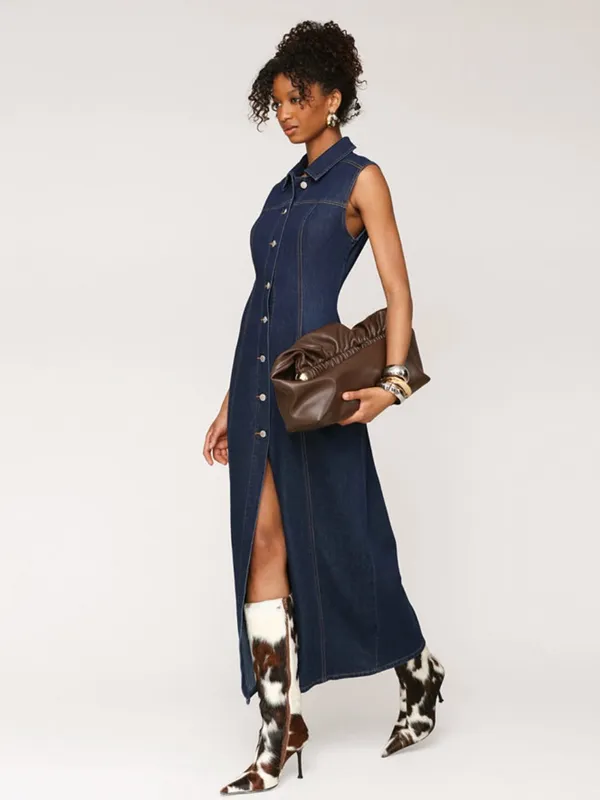 Avec Les Filles Dark Blue Denim Button-Front Maxi Dress - Image 3