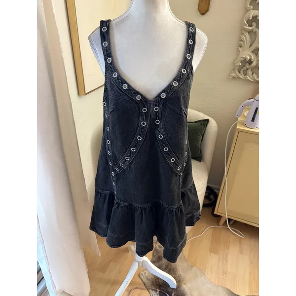 PILCRO Anthropologie NEW Sleeveless‎ V-Neck Studded Denim Mini Dress Size Medium - Image 2