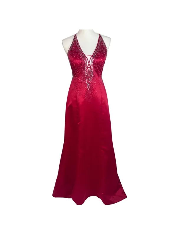 Dave & Johnny VTG Red A-Line Satin Corset Beaded Gown 9/10 Strappy Prom Vampire - Image 2