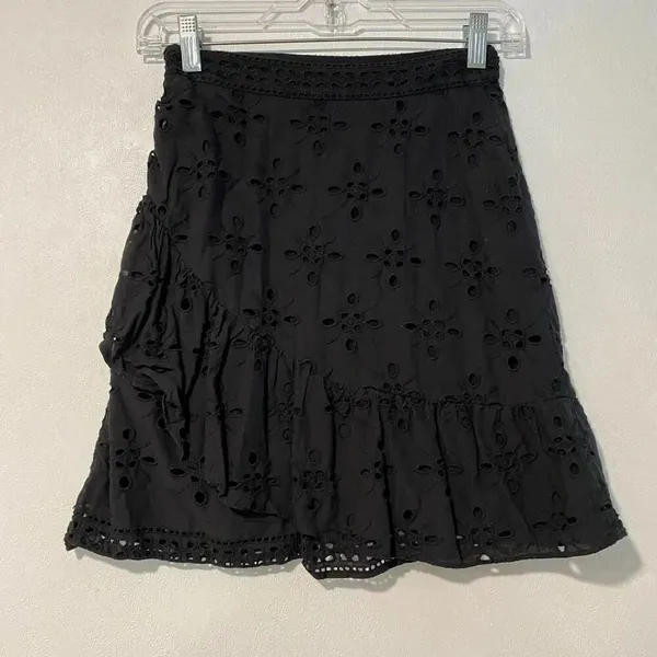 Express Black Eyelet Embroidered Ruffle Wrap Mini Skirt Size 0 - Image 3