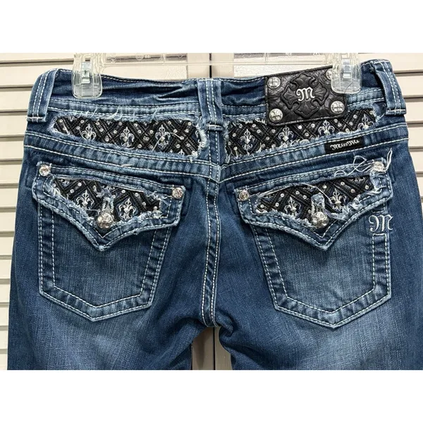 Miss Me Bootcut Jeans Zip Low Rise Embroidery/Gems Logo‎ Size 29 Boho/Western - Image 5