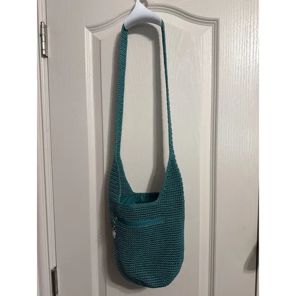 The Sak Teal Crochet Crossbody Bucket Bag Boho Knit Hobo Purse Indie Hippie - Image 2