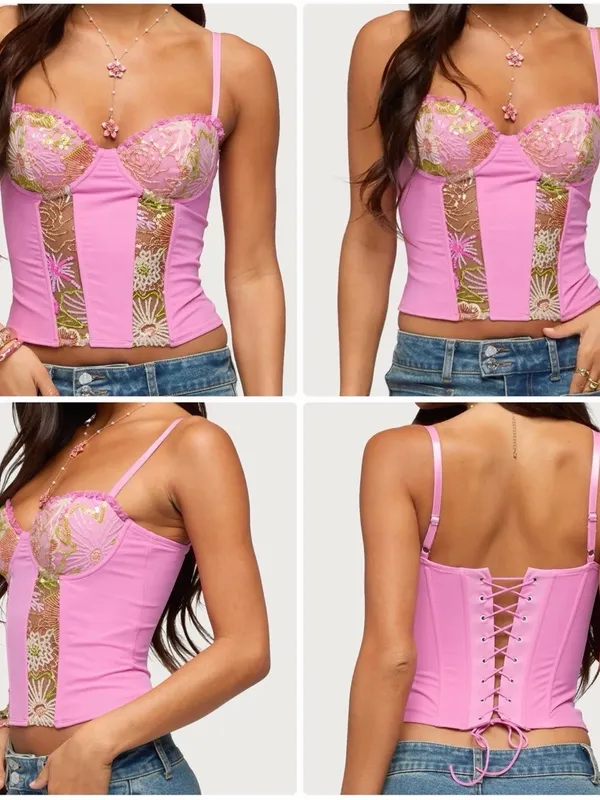 Edikted Medium Pink Inka Sequin Beaded Floral Underwire Top - Image 6