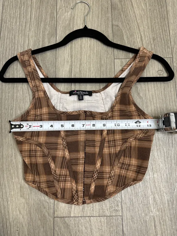 Brown Plaid Crop Top Hook and Eye Front Size Small | Grunge - Image 7