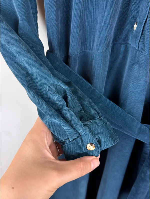 Gull Island Vintage Blue Corduroy Belted Shirt Dress Size 8 Puff Sleeve Midi - Image 6