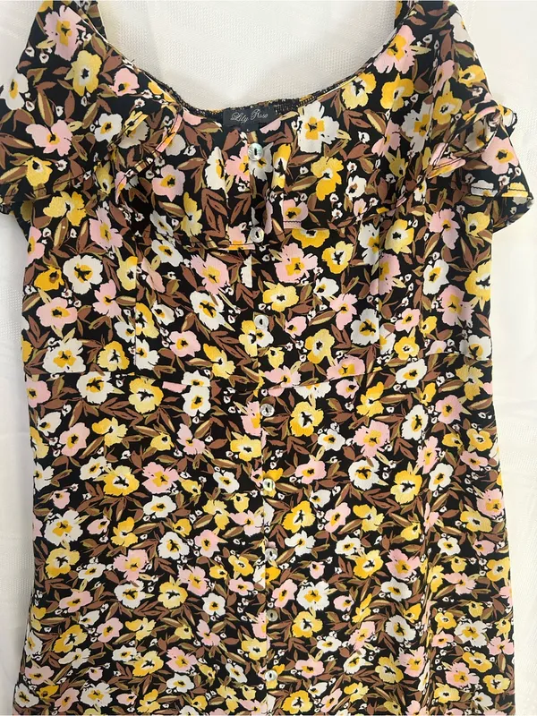 NWT Floral Ruffle-Trim Maxi Dress in Brown, Pink & Yellow, side slit, SZ Large. - Image 2
