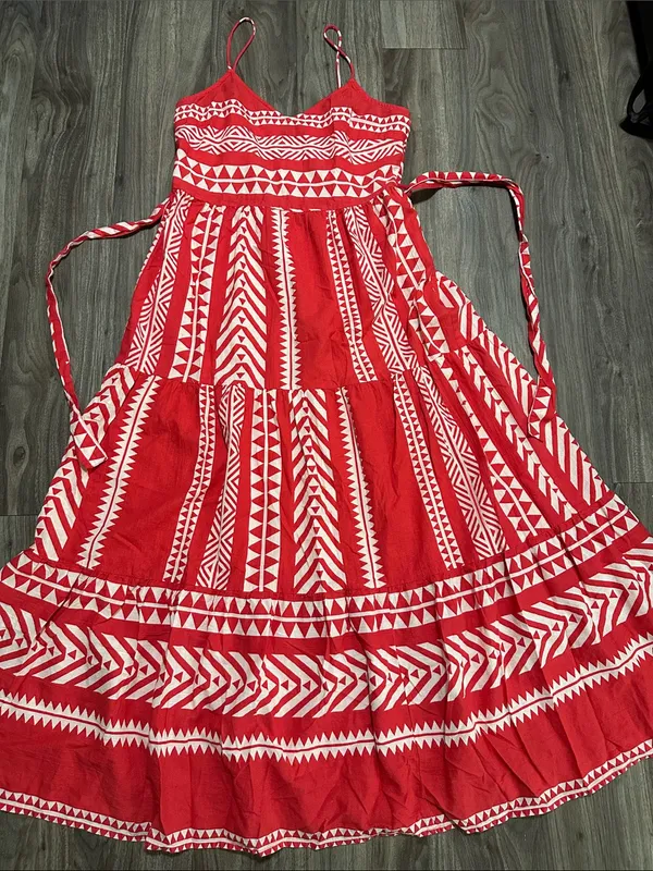 Vero Moda Soft Red & White Cotton Maxi Dress – Boho Geometric Print. - Image 9