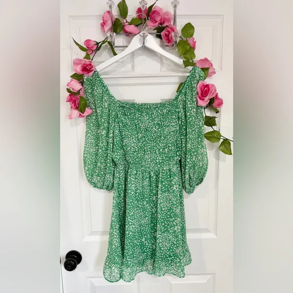 Sienna Sky Green Off the Shoulder Cottage Smocked Babydoll Mini Dress Speckled - Medium - Image 2