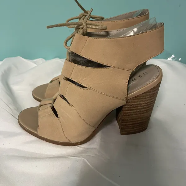 Hinge Beige‎ Suede Lace-up Open-toe Block Heel Shoes Women Size 7.5 S-356 - Image 4