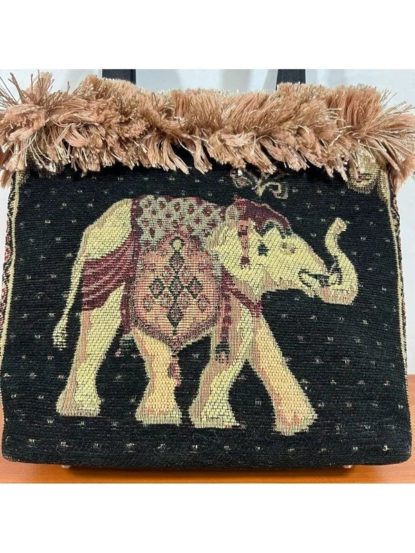 Elephant Tapestry Hand Bag with Fringe Edge - Image 4