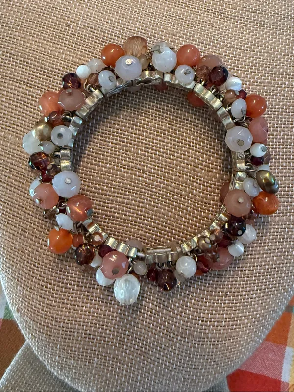 Boho Cluster Bead Wrap Stretch Bracelet, Earth Tones -Orange & Cream - Image 3