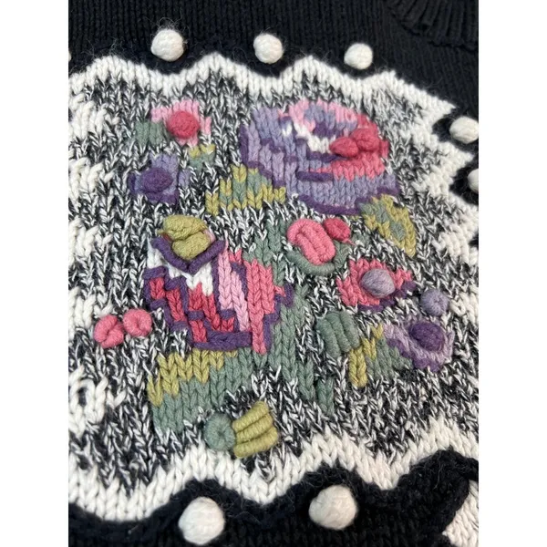 Vtg 90s Grandma Sweater L Black‎ Floral Ramie Cotton Textured Patchwork Cottage - Image 12