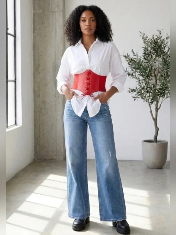 Corset Style Wide Girdle‎ Red Fashion Elastic Faux Leather Skinny Elastic Waist - Image 3