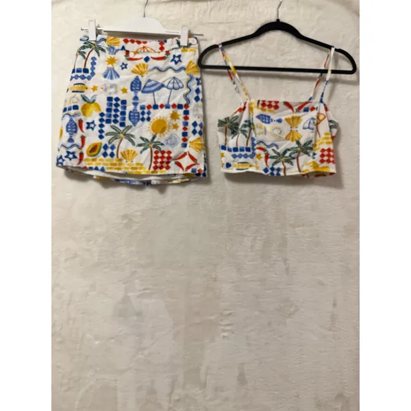 Midnight Sky Tropical Beach Print 2 Piece Set Skirt and Crop Top Small White - Image 9