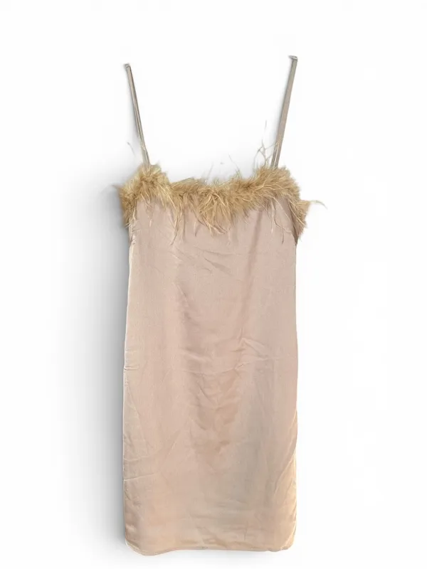 NWT Charmed Hearts Waiting All Night Satin Feather Dress Beige L - Image 6