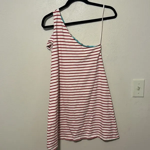 Anthropologie Maeve Red White Striped One Shoulder‎ Dress Size Small - Image 6