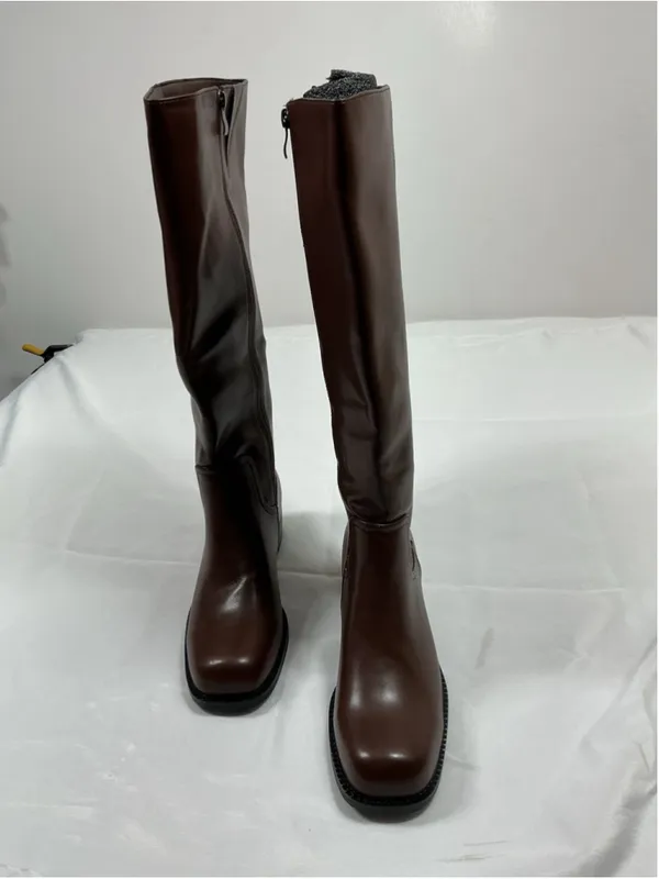 Womans New Knee High Riding Boots 6.5 Chocolate Brown Side Zip Block Heel - Image 2