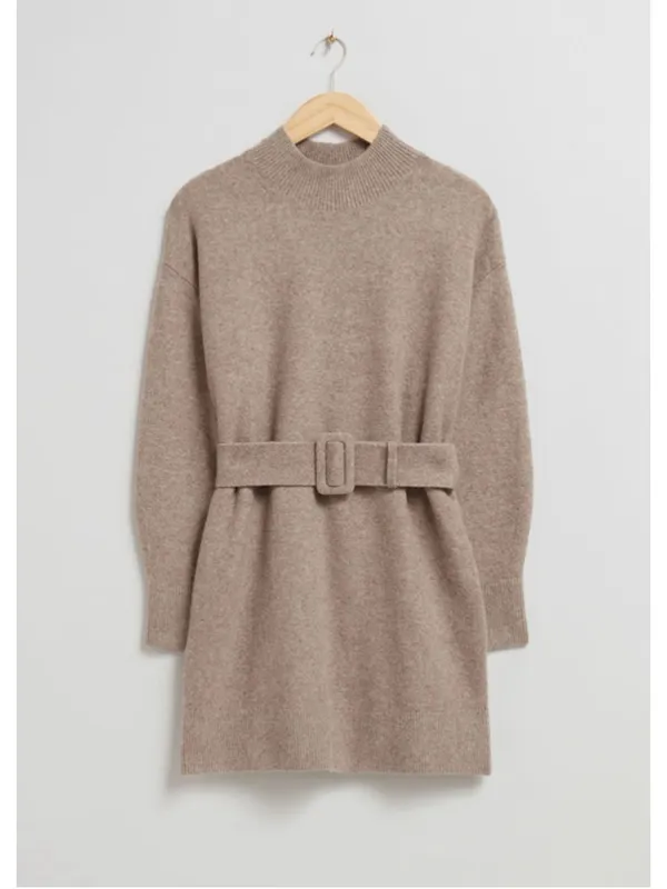 & Other Stories Beige Knit Sweater Dress M Belted Mock Neck Thick Oversized Prep - Image 4